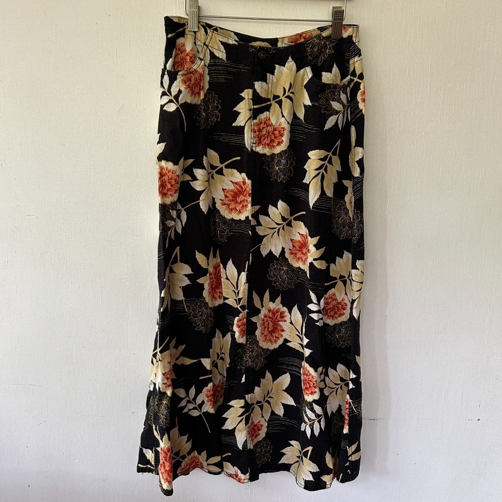 Liz Claiborne Floral Maxi Skirt Womens 4 Linen Blend Pockets VTG Cottagecore